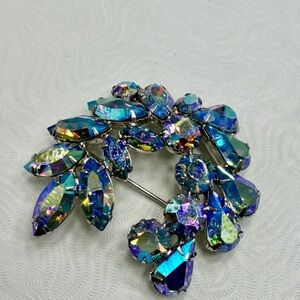 Vintage Continental AB blue Crystal Leaf Brooch with box